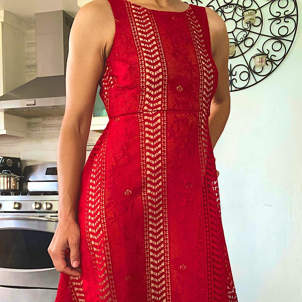 Anthropologie Red Lace Georgia Fit Flare Dress